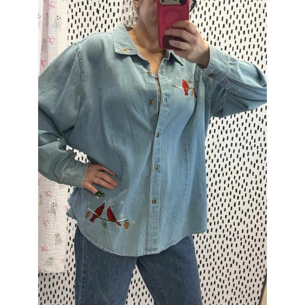 Vintage Baxter & Wells denim shacket with cardinals and acorn bling detail 2x